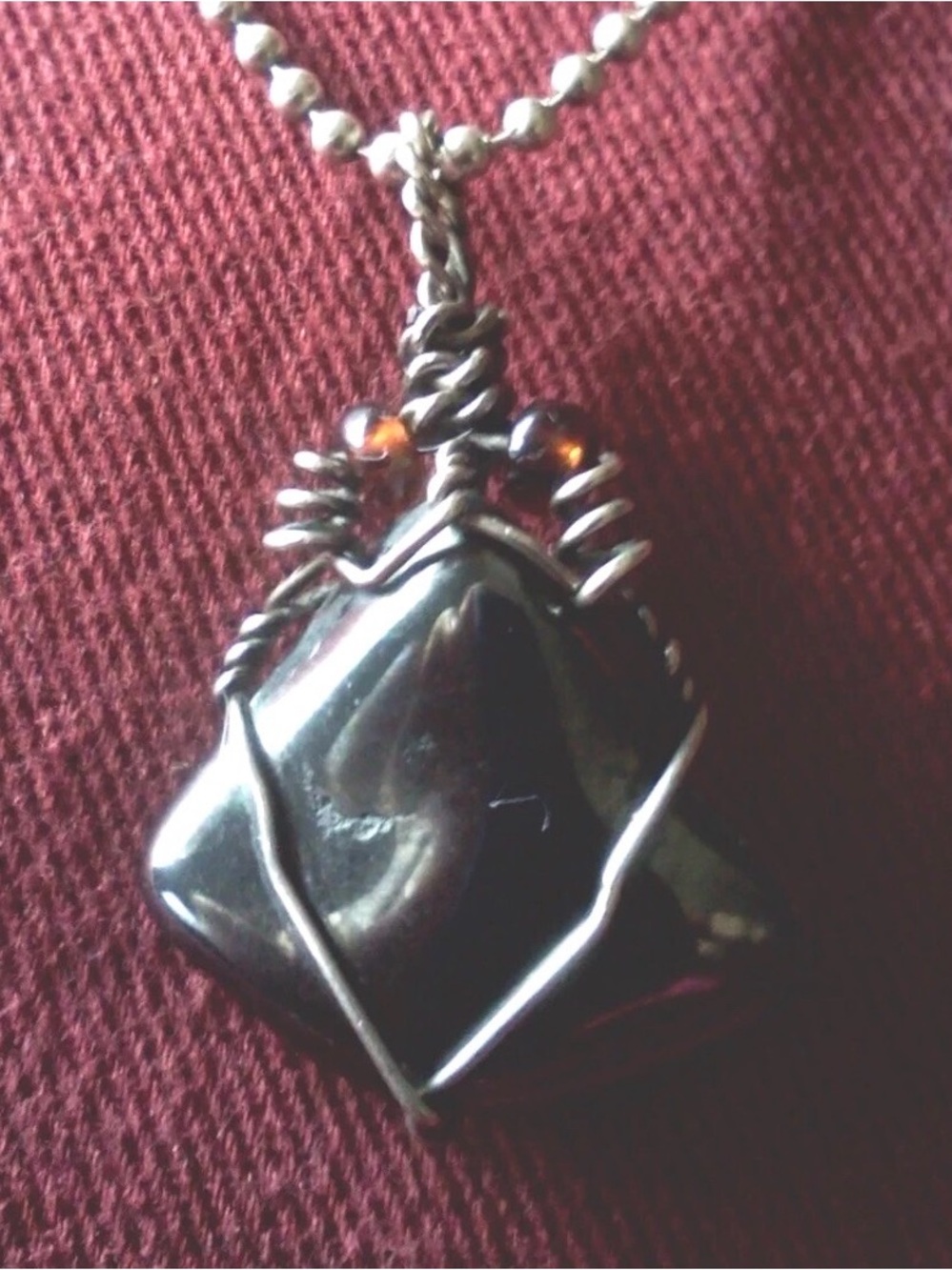 Vintage Handcrafted Hematite Sterling Silver Wrapped Hematite Pendant Necklace